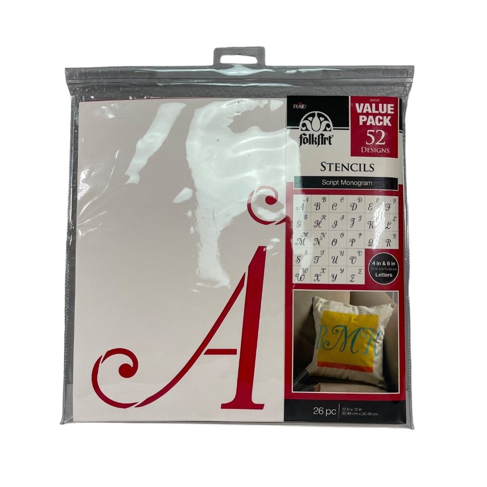 FolkArt Script Monogram Stencils Value Pack 52 Designs Letters 4in 6in Projects